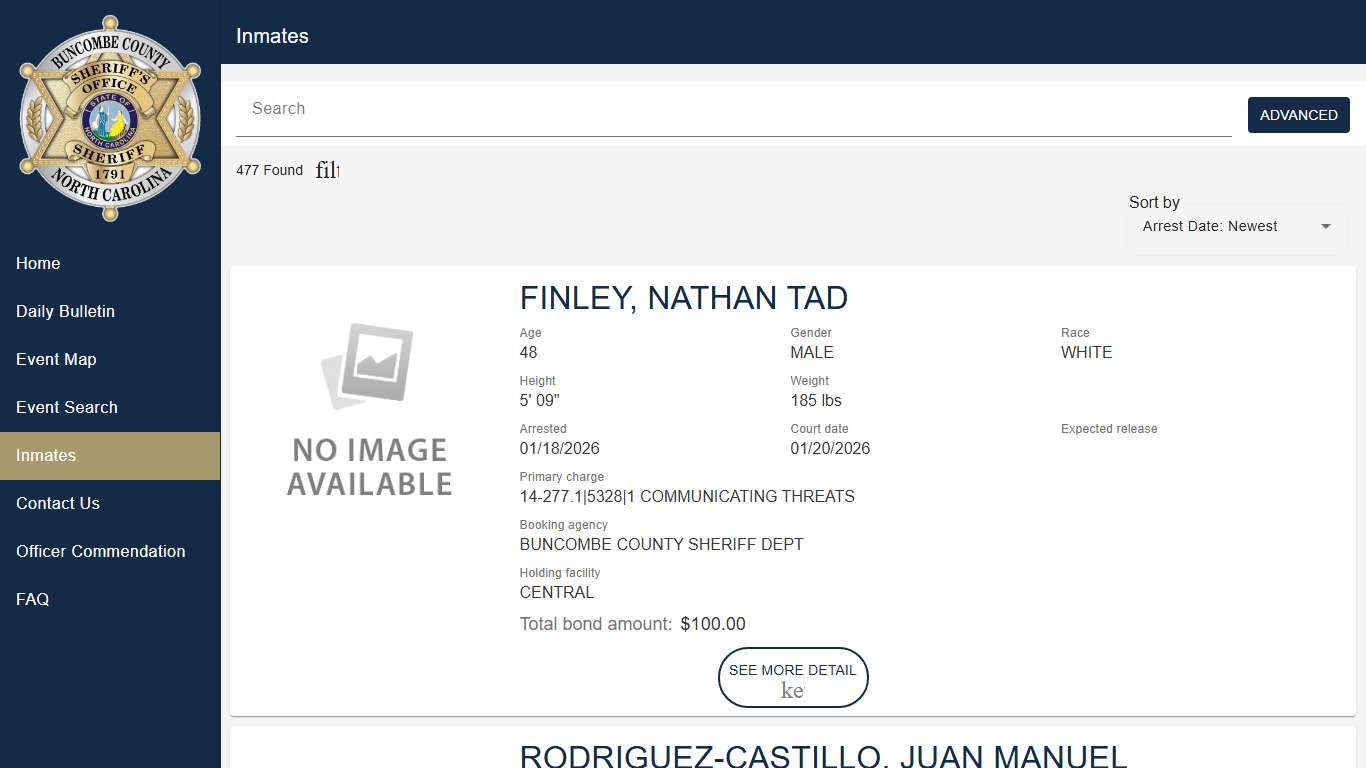 Buncombe County Sheriff's Office | Police to Citizen - Inmates catalog